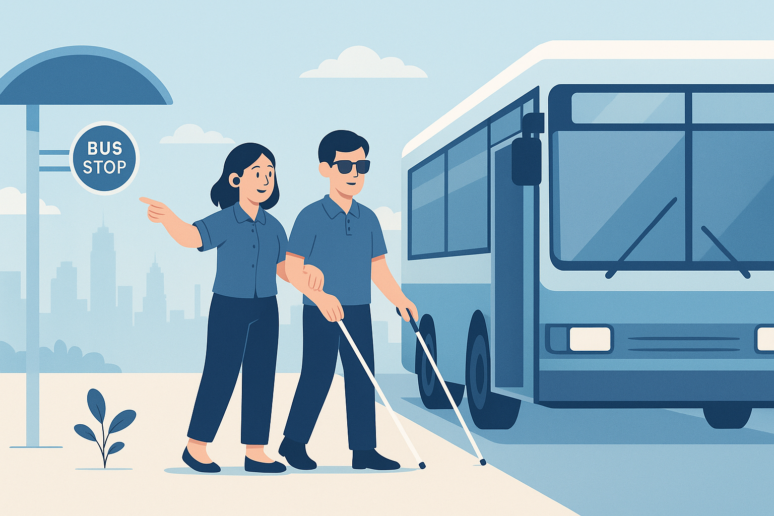 Guide and visually impaired person at a bus stop